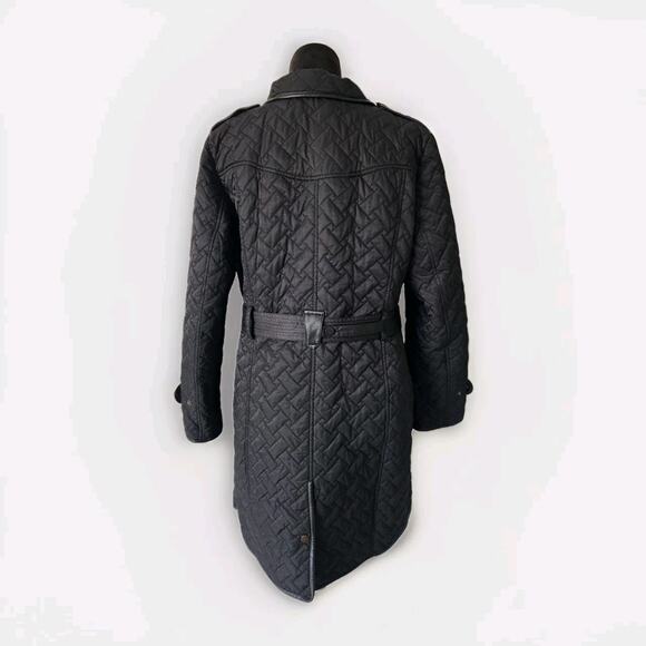 Cole Haan Quilted Coat Black Belted Trench Jacket W/ Lamb Skin Trim Women's L - Picture 3 of 9